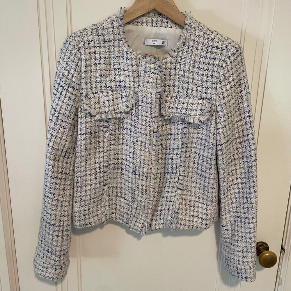 Mango Tweed Suit Jacket Blazer Fringe Trim Small